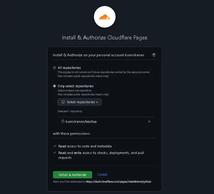 Install & Authorize Hosting Hugo Cloudflare Pages